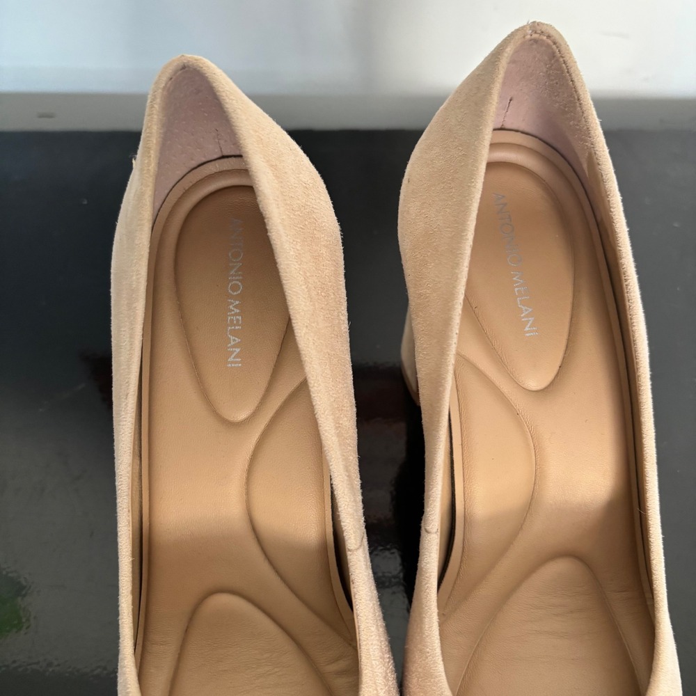 Antonio Melani Tan Suede Square Toe Block Heel Pumps Size 6.5M Made in Brazil - Picture 3 of 6